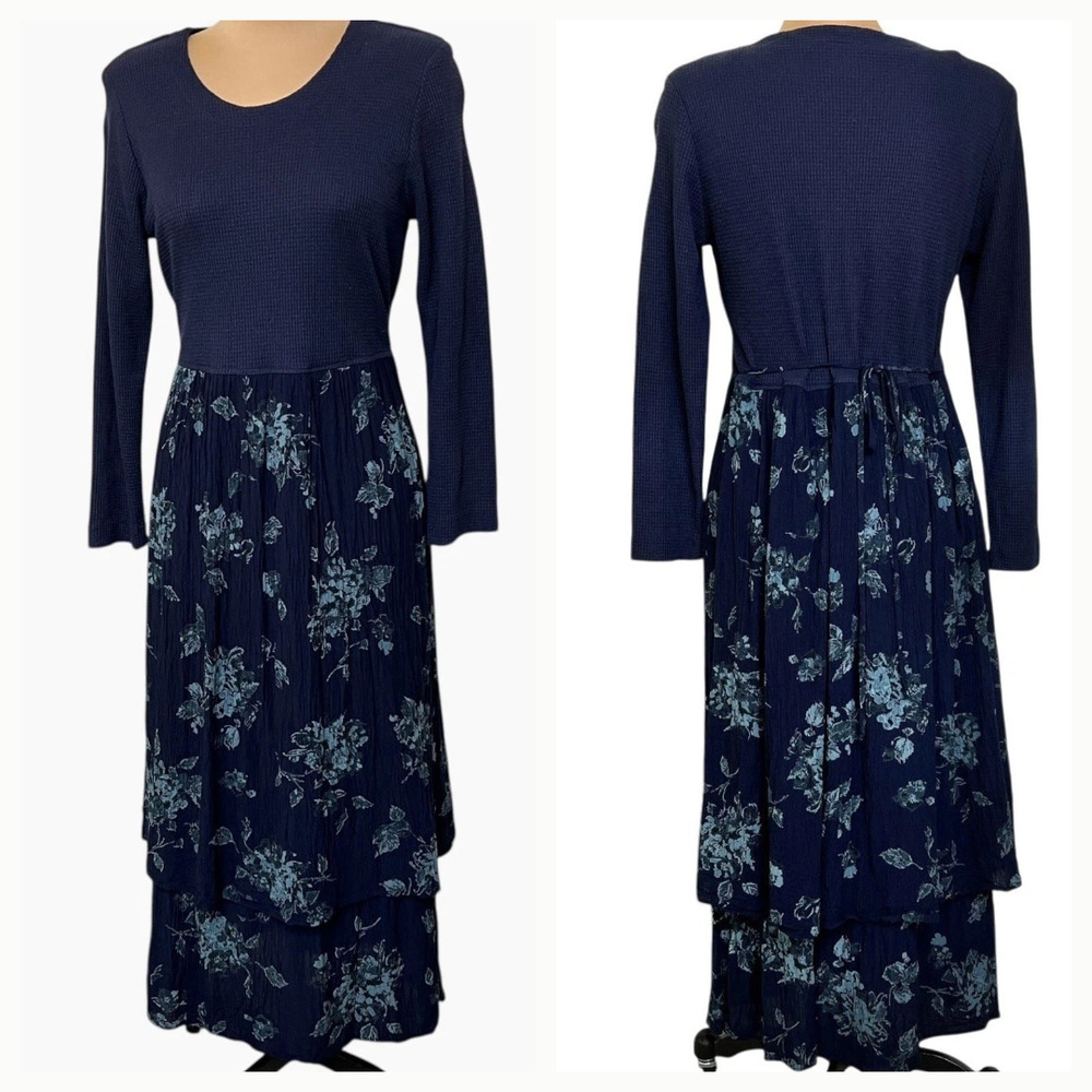 Vintage 90s Rabbit Designs Maxi Dress Size 14 Blue Floral Layered Crinkle Skirt